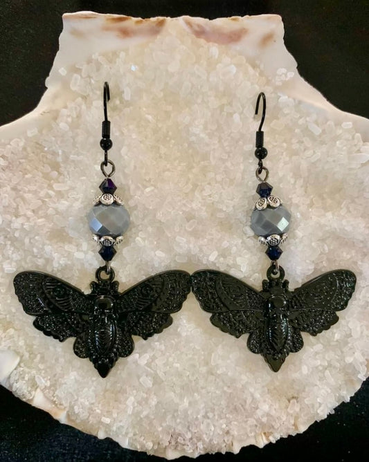 Moth/Grey Bead Earrings