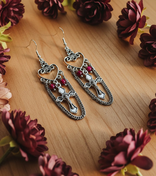 Faith-Based Earrings with Maroon Cat’s Eye Beads