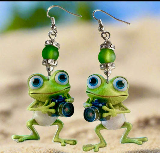 Acrylic Frog with Camera Earrings