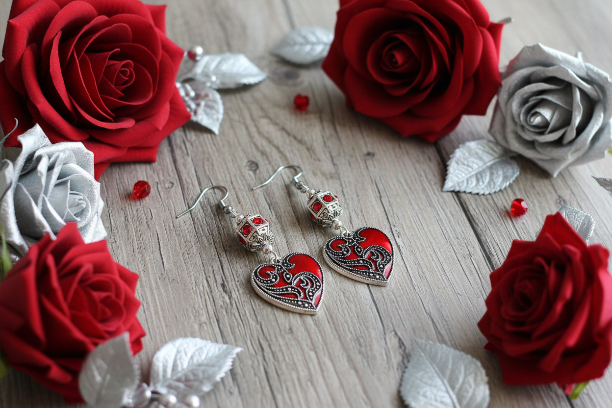 Enameled Tin Alloy Heart Charm Earrings with Red Rhinestone Beads