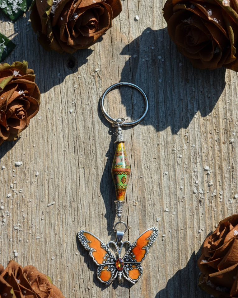 Burnt Orange Enameled Butterfly Ornament with Mirage Bead