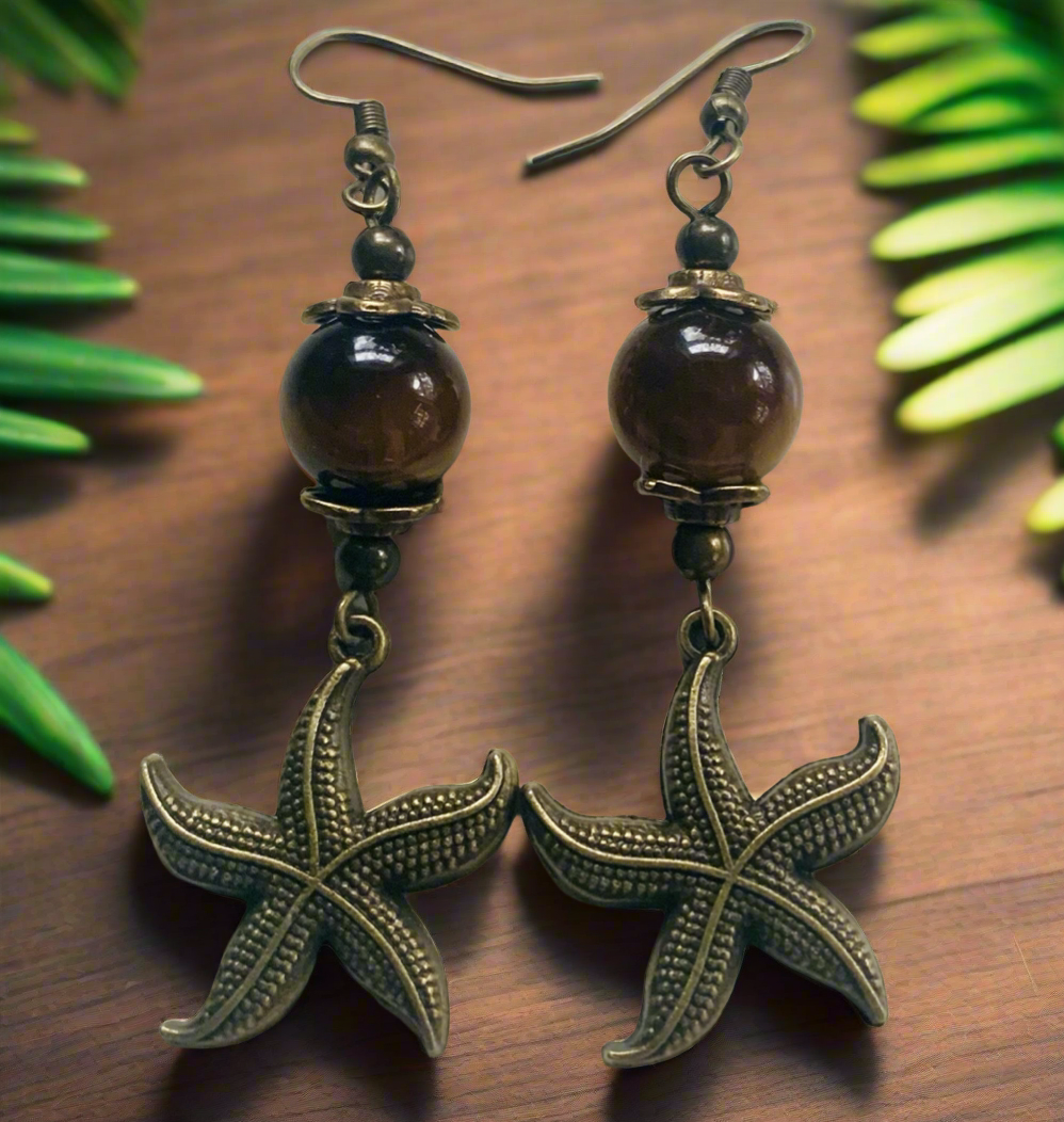 Tigereye Gemstone/Antiqued Bronze Starfish Charm Earrings