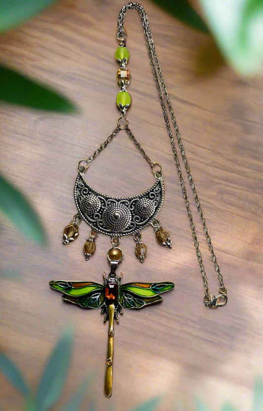 Olive/Amber Dragonfly Pendant Necklace