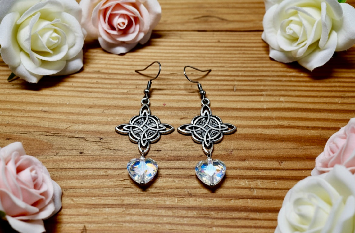 Celtic-Inspired Tin Alloy Earrings with Swarovski Crystal Hearts