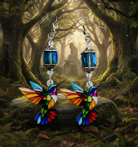 Acrylic Hummingbird Charm Earrings with Crystal Passion Crystal Beads