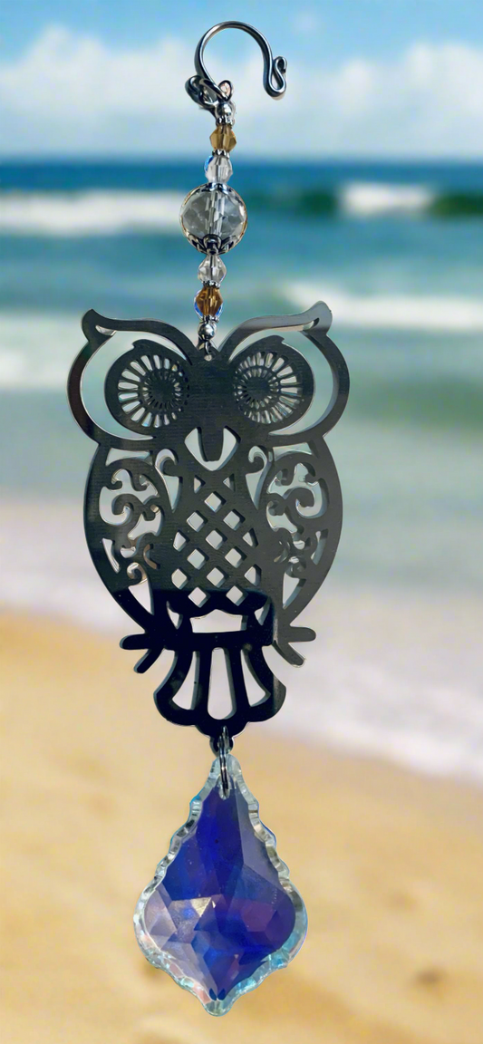 SunCatcher: Tin Alloy Owl/AB Teardrop Prism