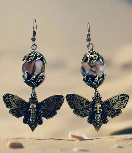 Chocolate Agate Bead/Death’s-Head Moth Charm Earrings