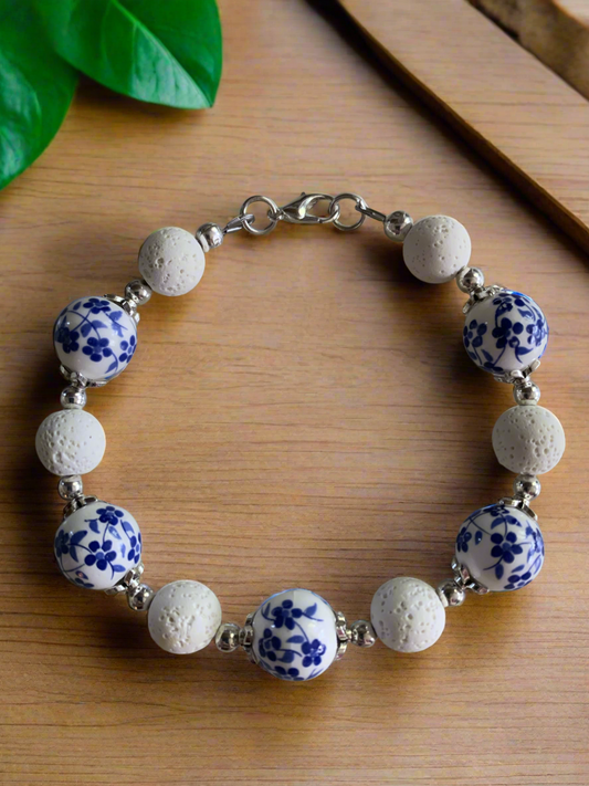 Blue-White Ceramic & Lava Rock Bead Bracelet