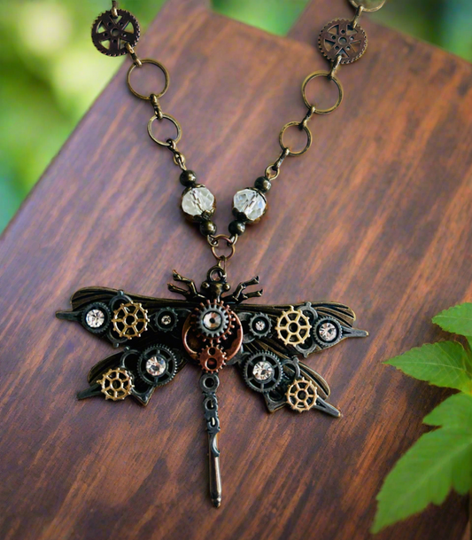 Steampunk Dragonfly Necklace with Vintage Czech Crystal Beads
