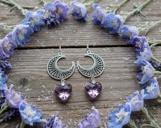 Light-Reflecting Heart/Ornate Moon Earrings