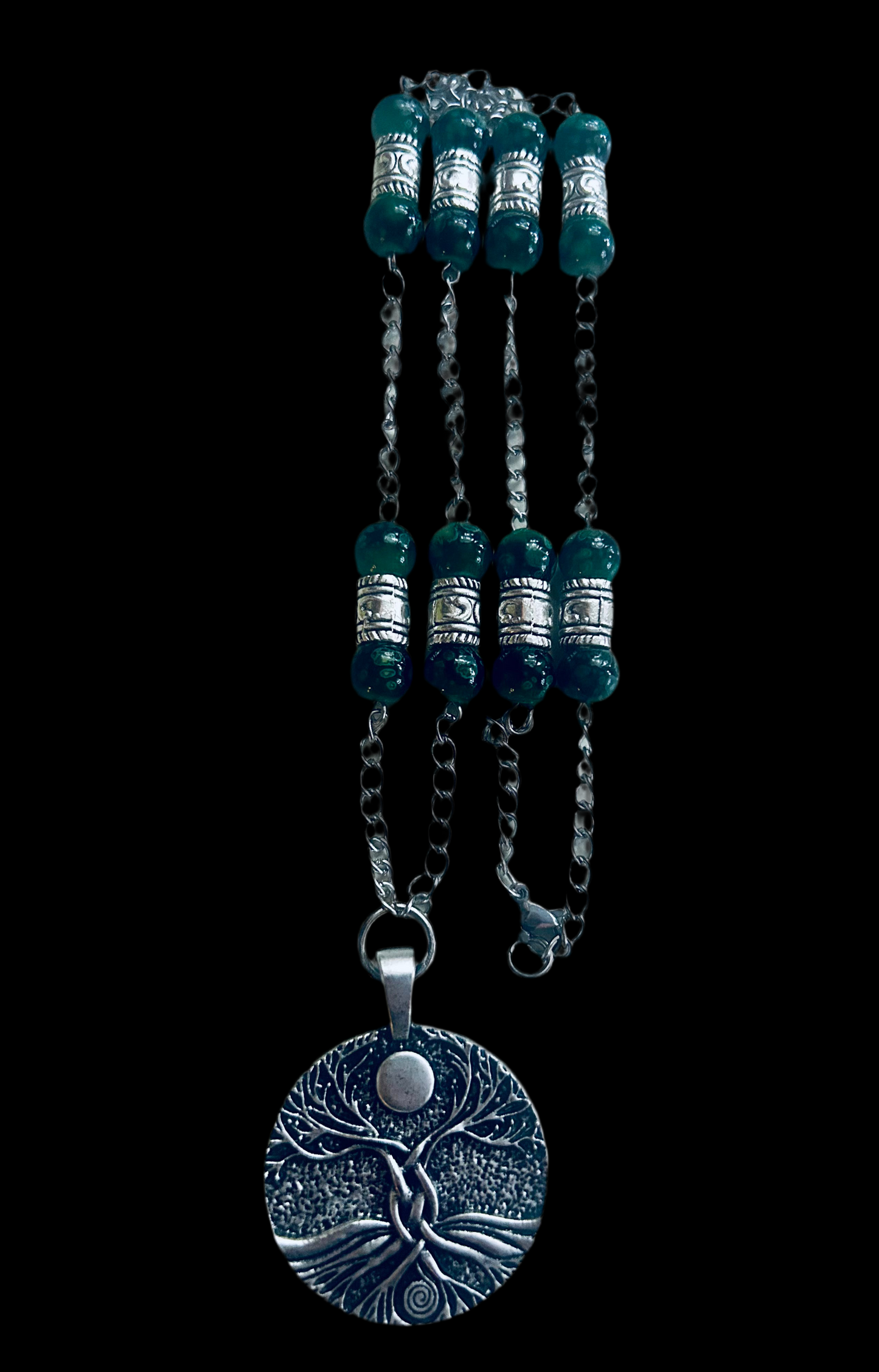 Zinc Alloy Tree of Life/Moon Pendant Necklace with Alcohol Ink Glads Beads