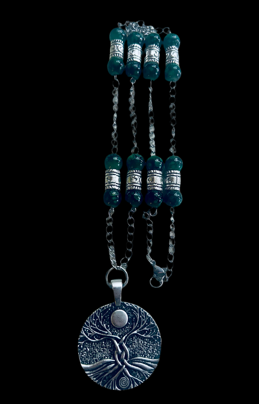 Zinc Alloy Tree of Life/Moon Pendant Necklace with Alcohol Ink Glads Beads