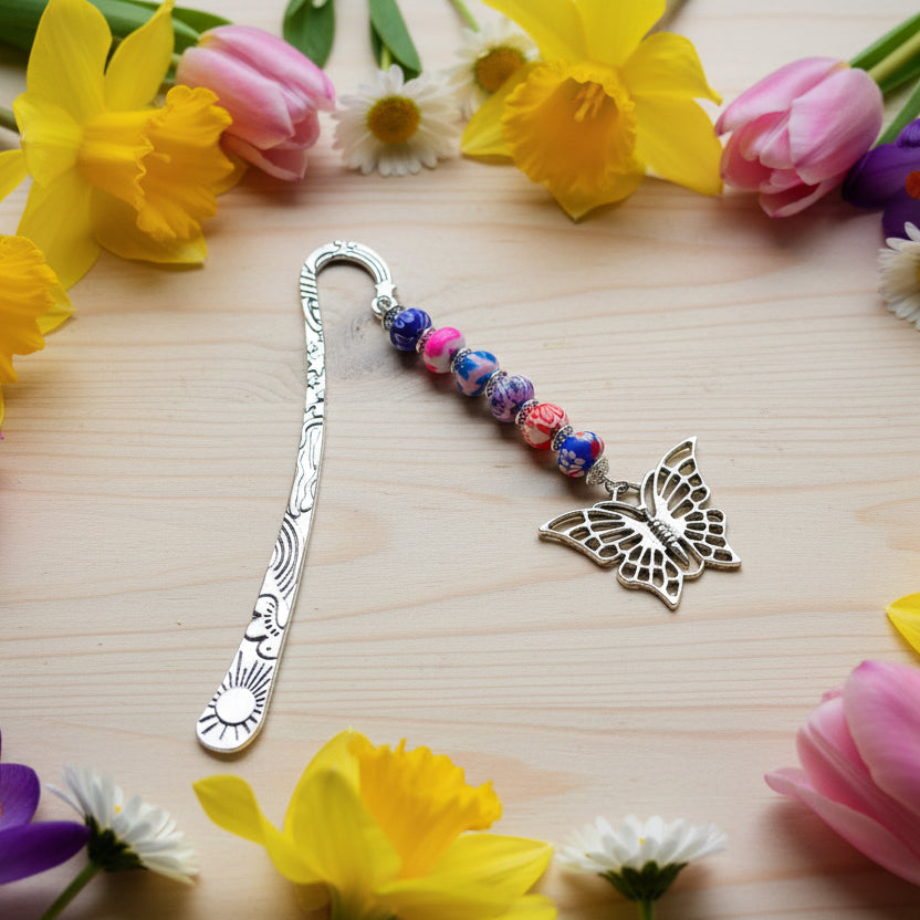 Floral Stainless Steel Bookmark with Patterned Clay Beads