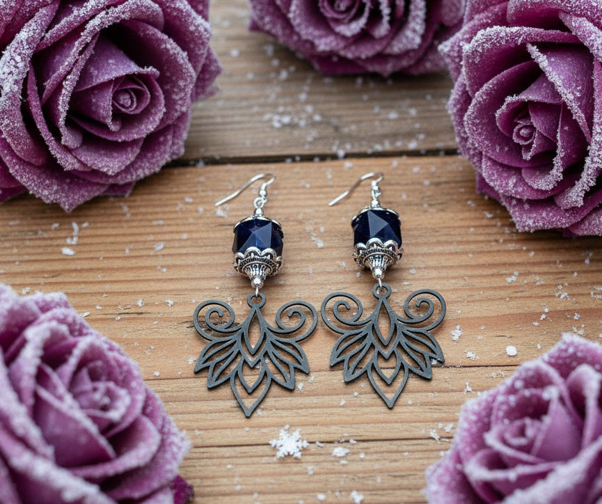 Deep Purple Vintage Glass Bead Earrings with Stainless Steel Lotus Flowers