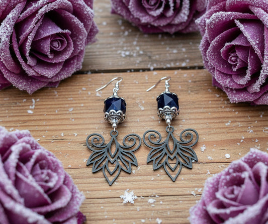 Deep Purple Vintage Glass Bead Earrings with Stainless Steel Lotus Flowers