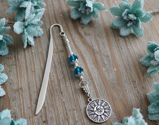 Bookmark with Sun/Moon Charm & Teal Glass Beads