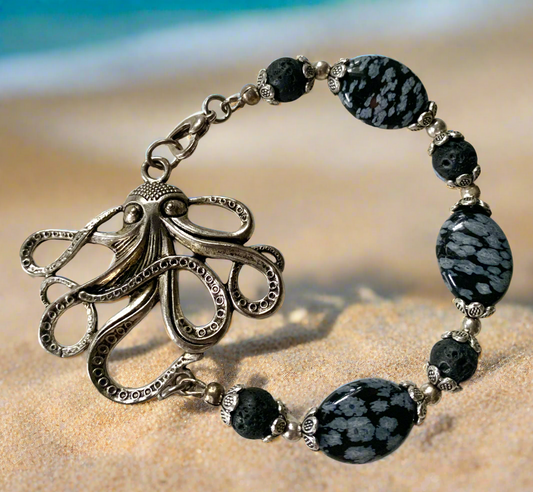 Pewter Octopus/Snowflake Obsidian Bracelet