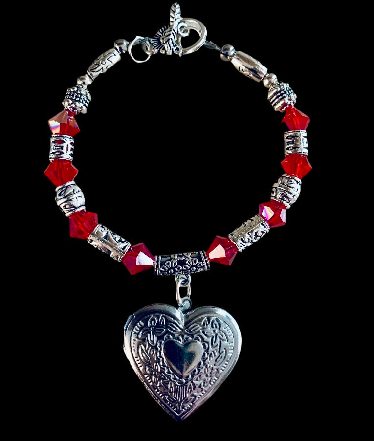 Locket Bracelet with Fire-Polished Red Beads