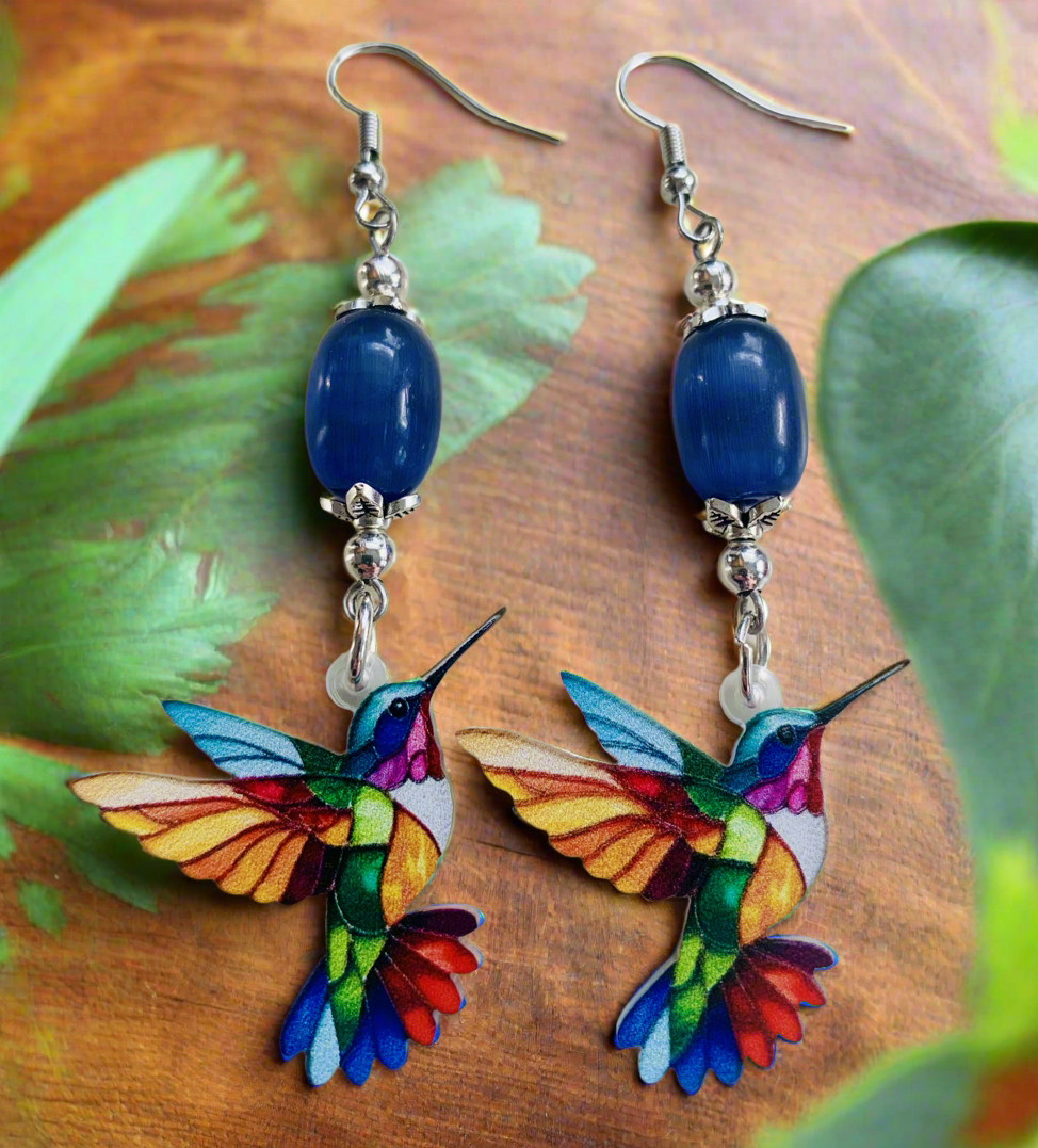 Hummingbird Earrings with Cat’s Eye Beads