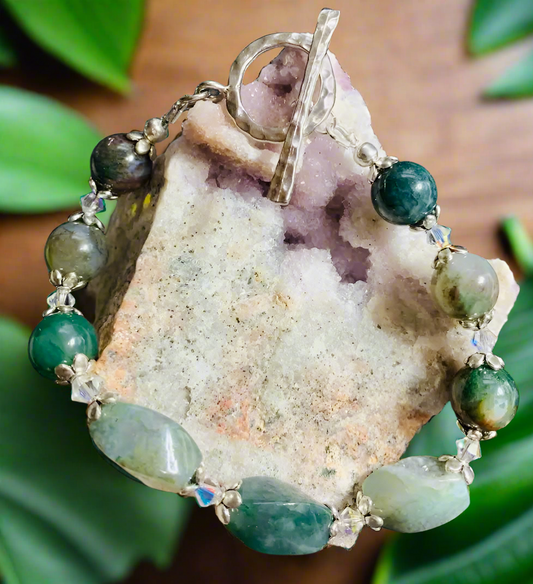 Round Moss Agate Gemstone Bead Bracelet