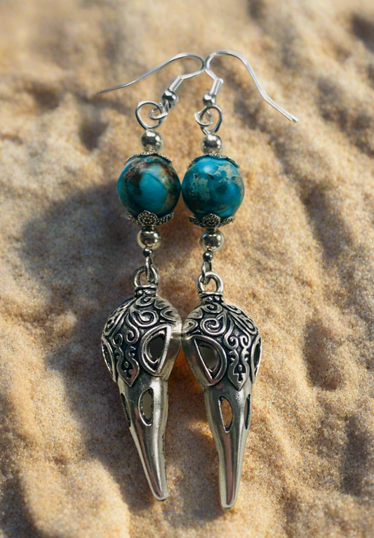 Crow Skull/Imperial Jasper Bead Earrings