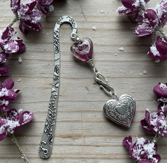 Bookmark with Locket & Lampwork Glass Heart Bead