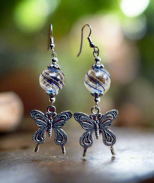 Blown Glass Hollow Bead/Patterned Butterfly Charm Earrings