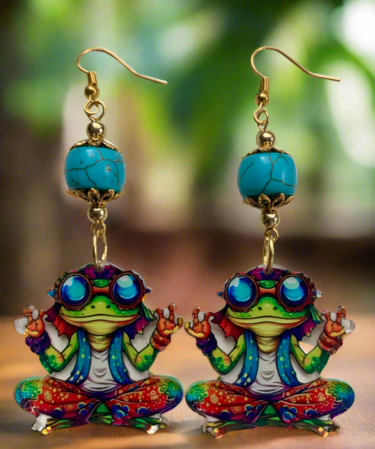 Acrylic Groovy Frog Earrings with Howlite Stone Beads