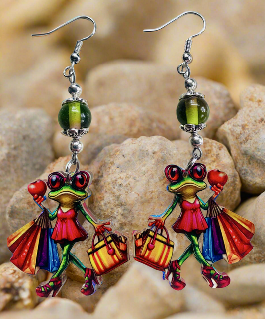 Acrylic Shopping Frog Earrings with olive
