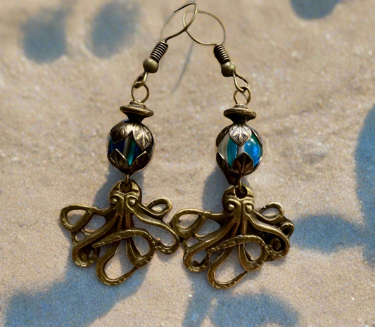 Bronze Octopus Charm Earrings with Mermaid Glass Beads