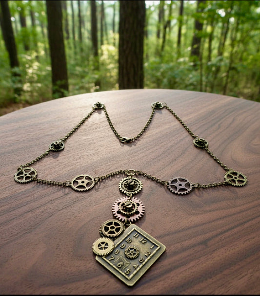 Steampunk-Inspired Necklace with Antiqued Bronze/Copper Pendant