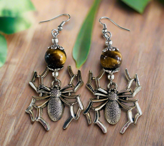 Spider Charm Earrings with Tigereye Gemstone Beads