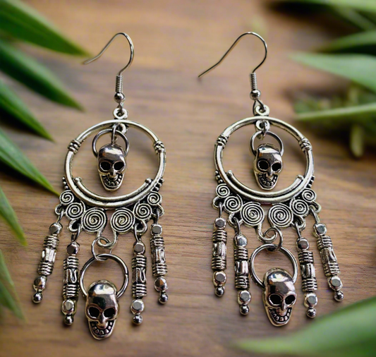 Skull Chandelier Earrings with Tibetan Silver Tube Spacers