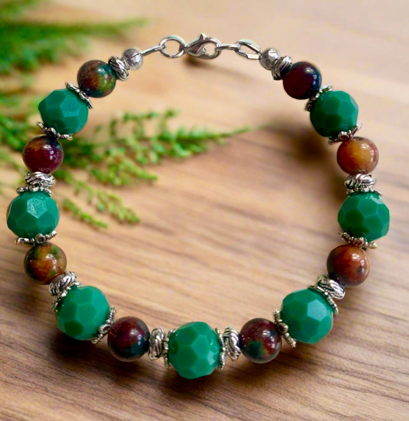 Teal Czech Glass & Ocean Jasper Stone Bead Bracelet