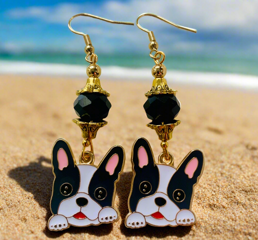 Enameled Puppy Charm/Czech Glass Bead Earrings