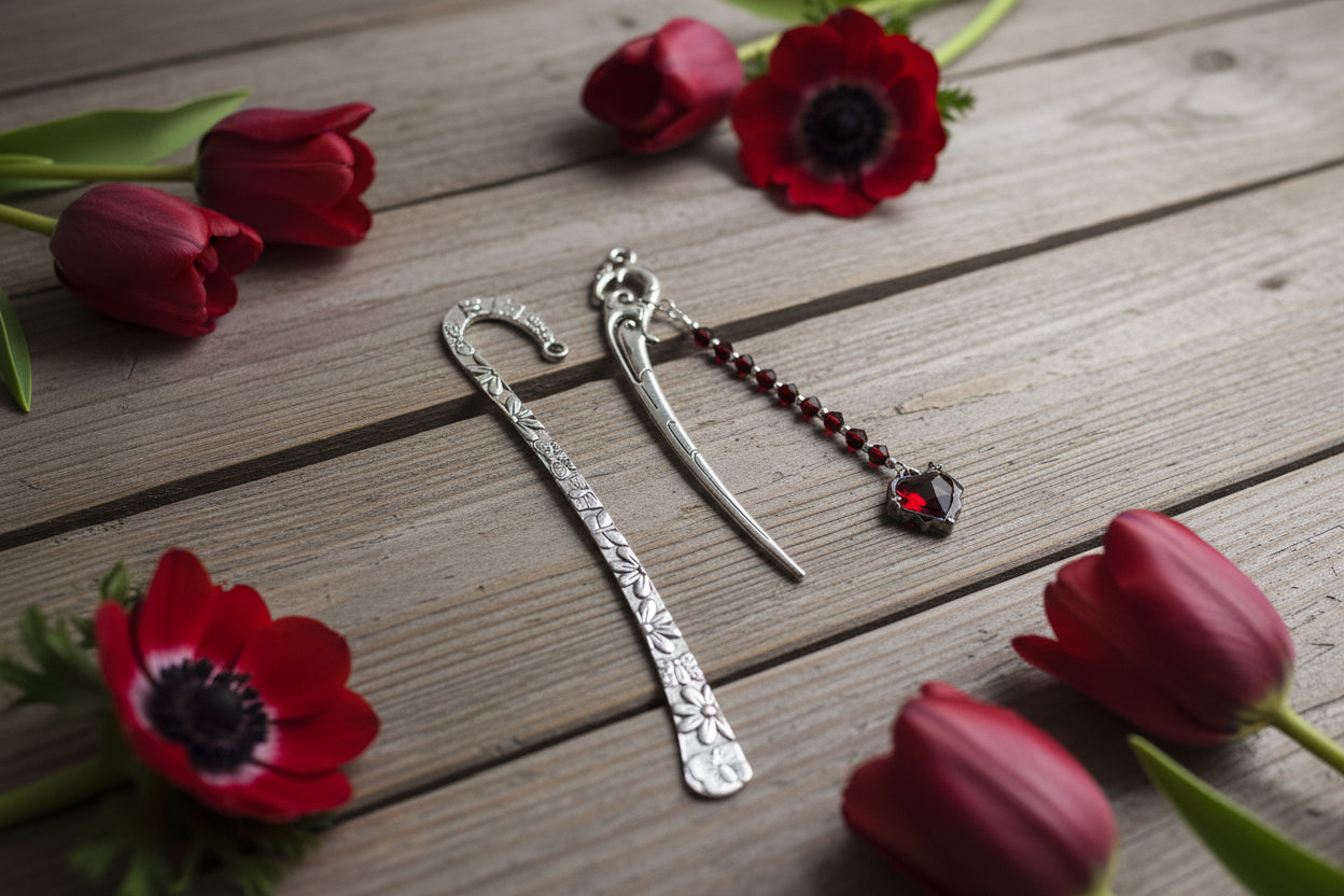 Mini-Bookmark with Heart Charm & Ruby Red Beads