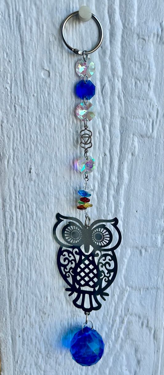 Stainless Steel Owl SunCatcher with Cobalt Blue Crystal Ball Prism