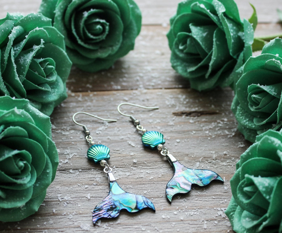 Abalone Whale Tail Earrings With Rainbow Hematite Shells
