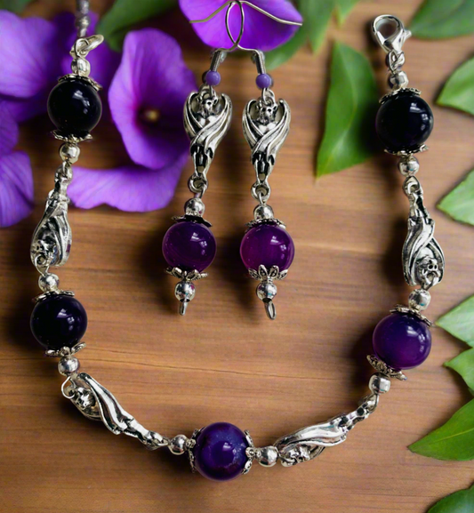 Banded Agate (dyed) Bead/Bat Connector Bracelet & Earrings Set