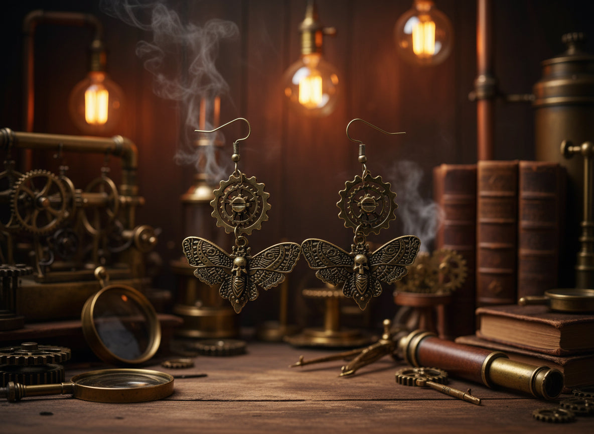 Steampunk-Inspired Bronze Death’s-Head Hawkmoth Charm Earrings