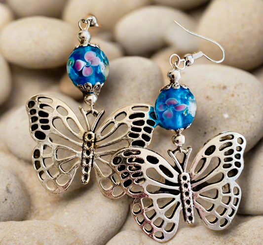 Blue/Floral Lampwork Glass/Butterfly Charm Earrings