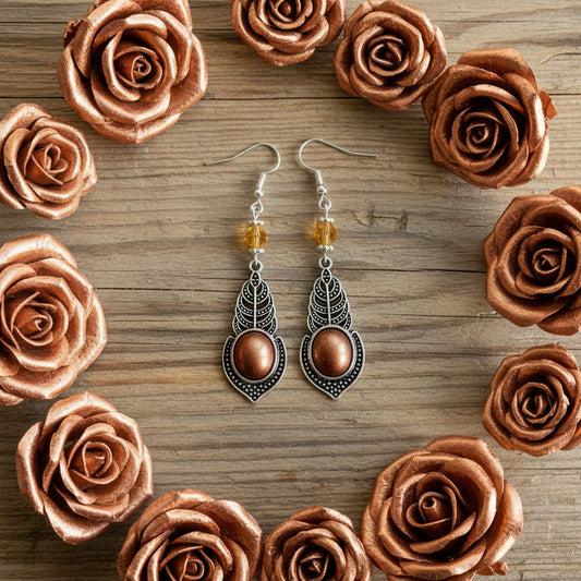 Copper Acrylic/Tin Alloy Drop Earrings with Amber Glass Beads