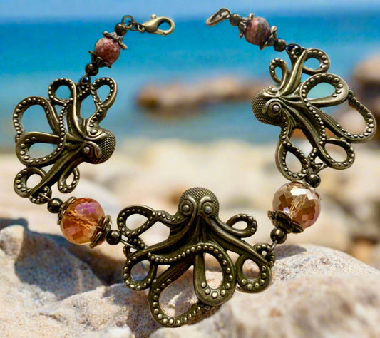 Antiqued Bronze Octopus Connector Bracelet. Czech Crystal & Crazy Lacy Agate Stone Beads.