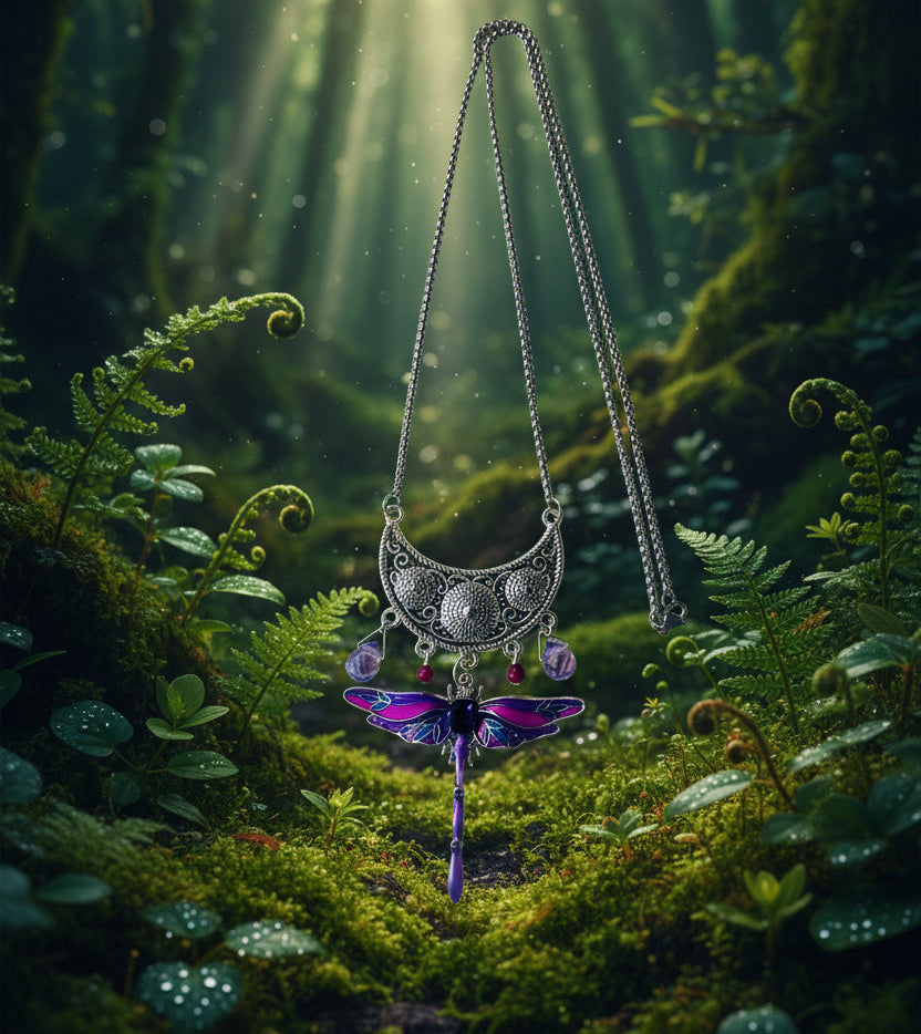 Lavender/Teal Alloy Dragonfly Pendant Necklace
