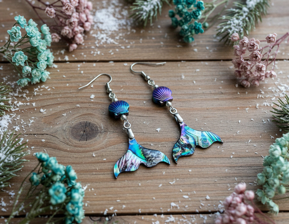 Abalone Whaletail Earrings with Rainbow Hematite Shell Beads