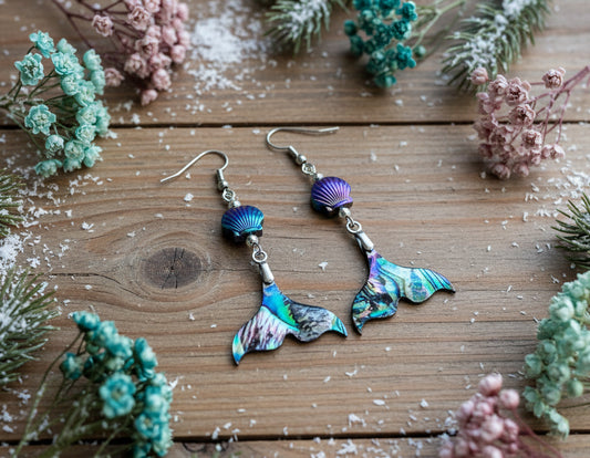 Abalone Whaletail Earrings with Rainbow Hematite Shell Beads