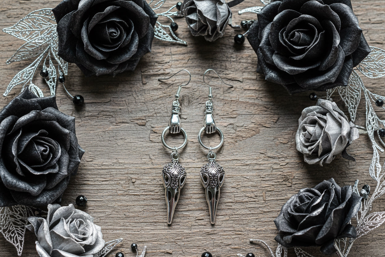 Bohemian Hand/Ring Connectors with Patterned Raven Skull Charm Earrings