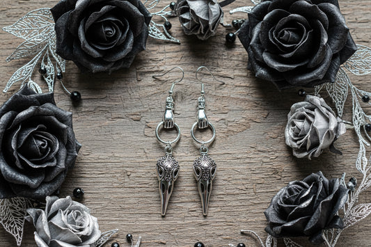 Bohemian Hand/Ring Connectors with Patterned Raven Skull Charm Earrings