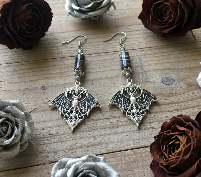 Zinc Alloy Bat Charm Earrings with Banded Agate Gemstones