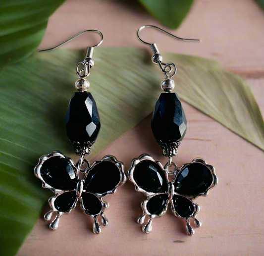 Black Glass/Stainless Steel Butterfly Charm Earrings